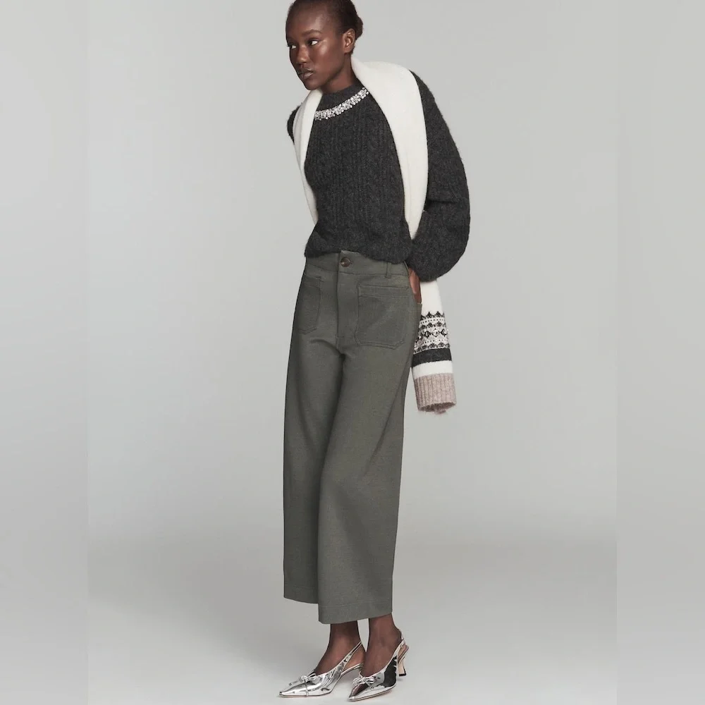 NWT Anthropologie Maeve The Colette Knit Crop Wide-Leg Green Trousers Sz 32 Tall - Picture 2 of 8